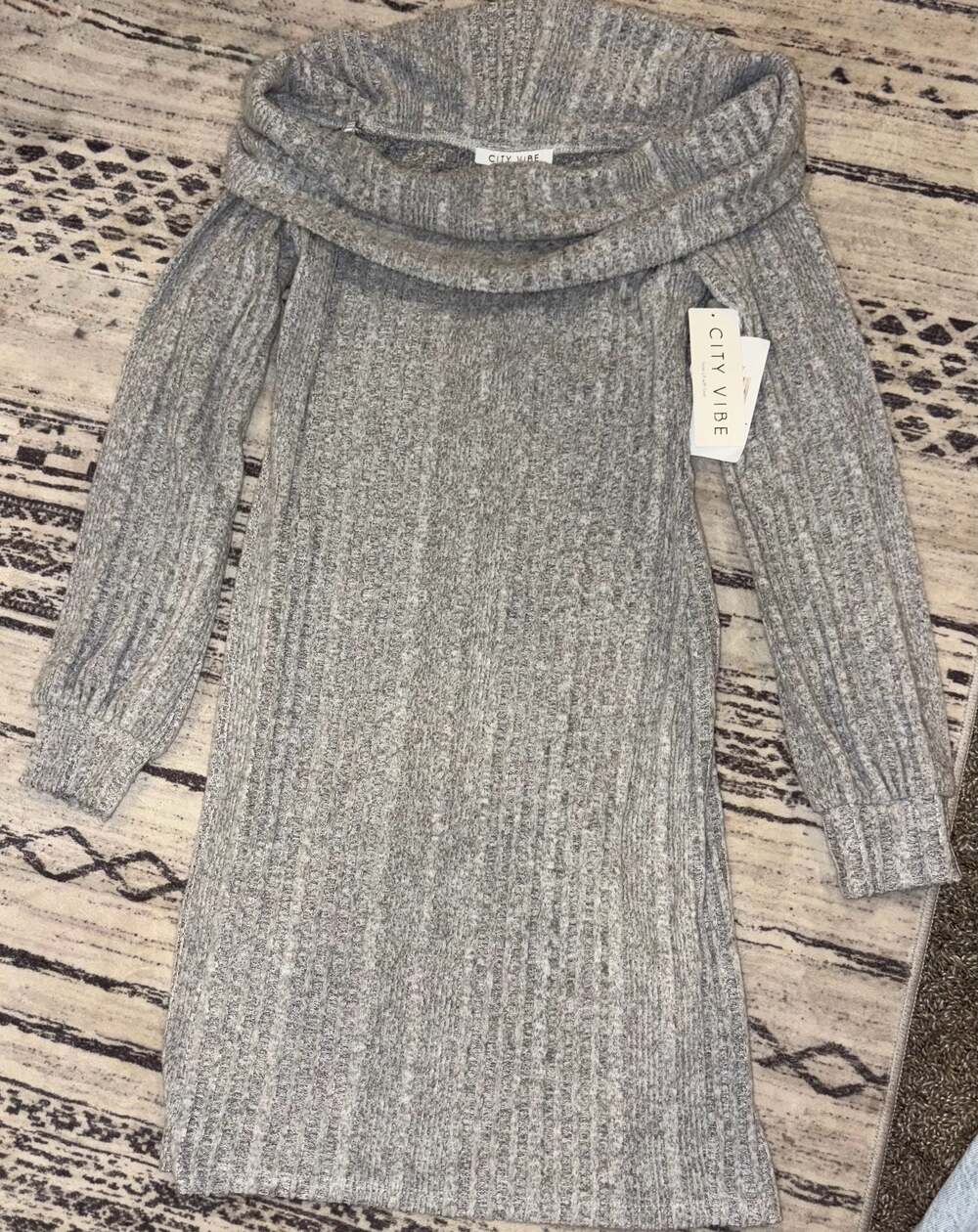 City Vibe Grey Ribbed Off-the-Shoulder Knit Sweater Dress